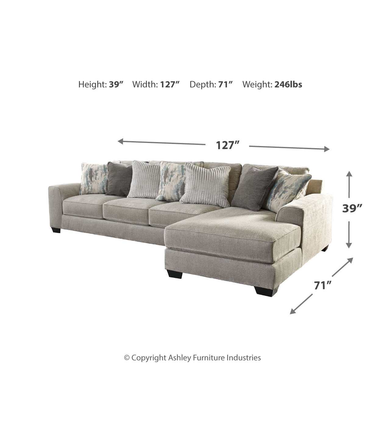 Ardsley Pewter 2pc RAF Chaise Sectional w/ LAF Sofa