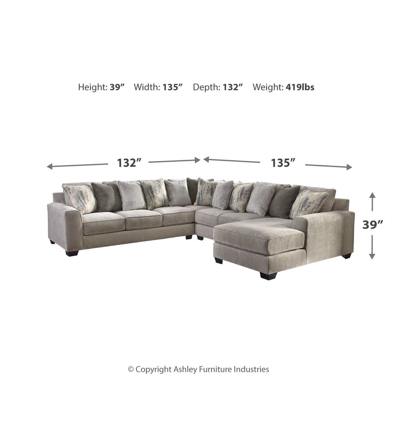 Ardsley Pewter 4pc Sectional w/ RAF Chaise & LAF Sofa