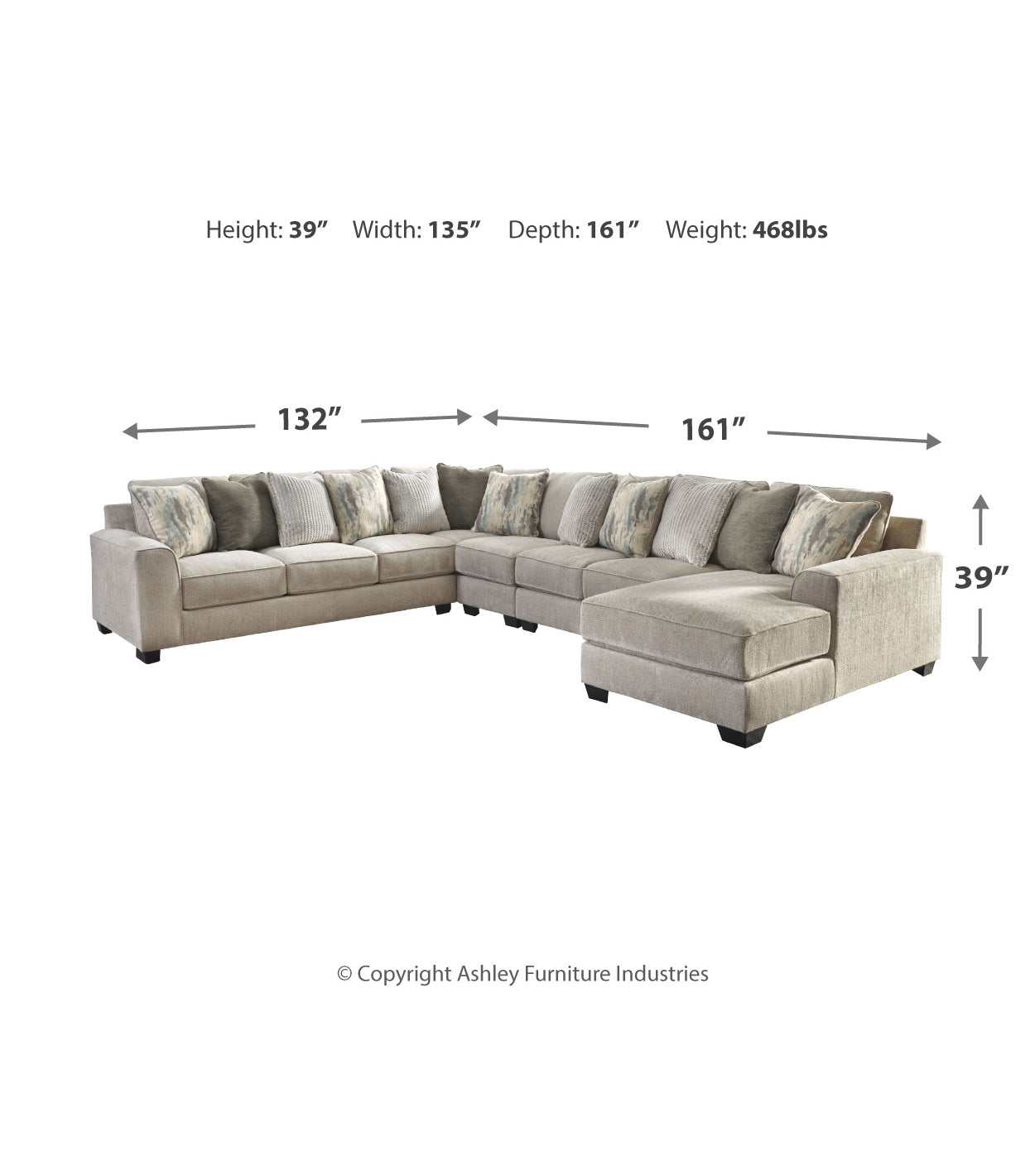 Ardsley Pewter 5pc RAF Chaise Sectional w/ LAF Sofa