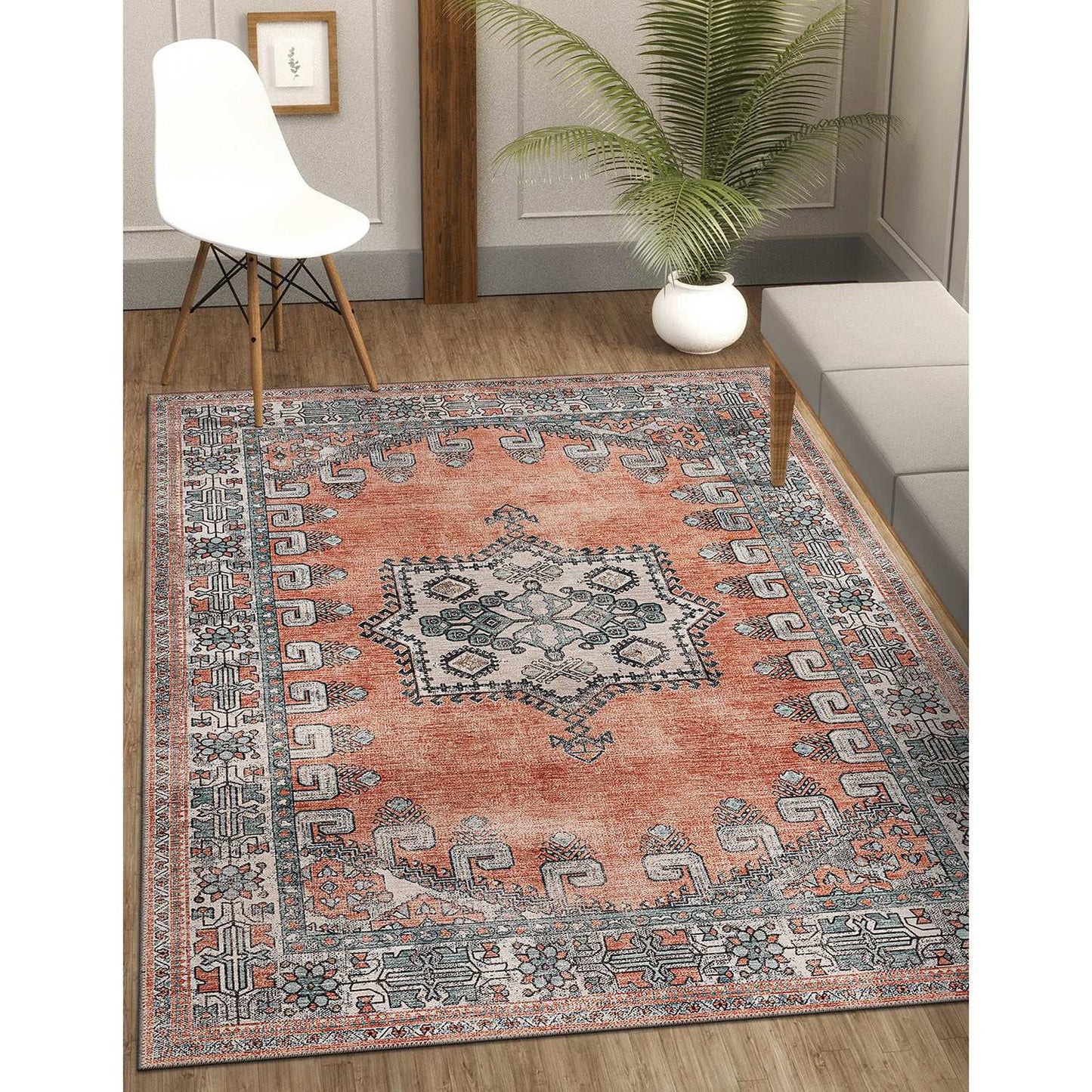 Rain Persian Orange Distressed Vintage Non-Slip Indoor Area Rug / 5'x7 - Ornate Home