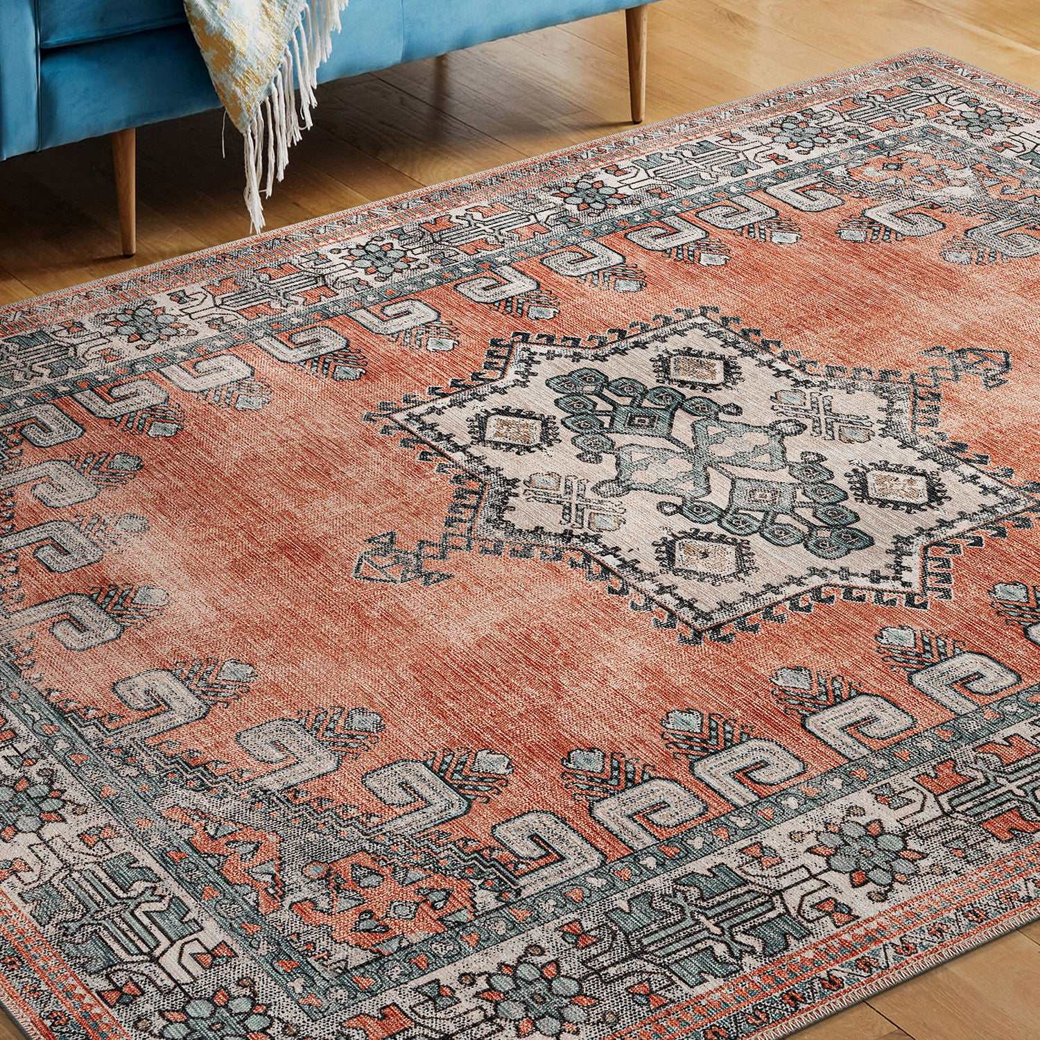 Rain Persian Orange Distressed Vintage Non-Slip Indoor Area Rug / 5'x7 - Ornate Home