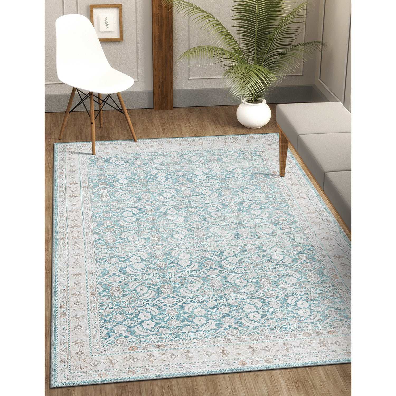 Rain Persian Teal Distressed Vintage Non-Slip Indoor Area Rug / 5'x7 - Ornate Home