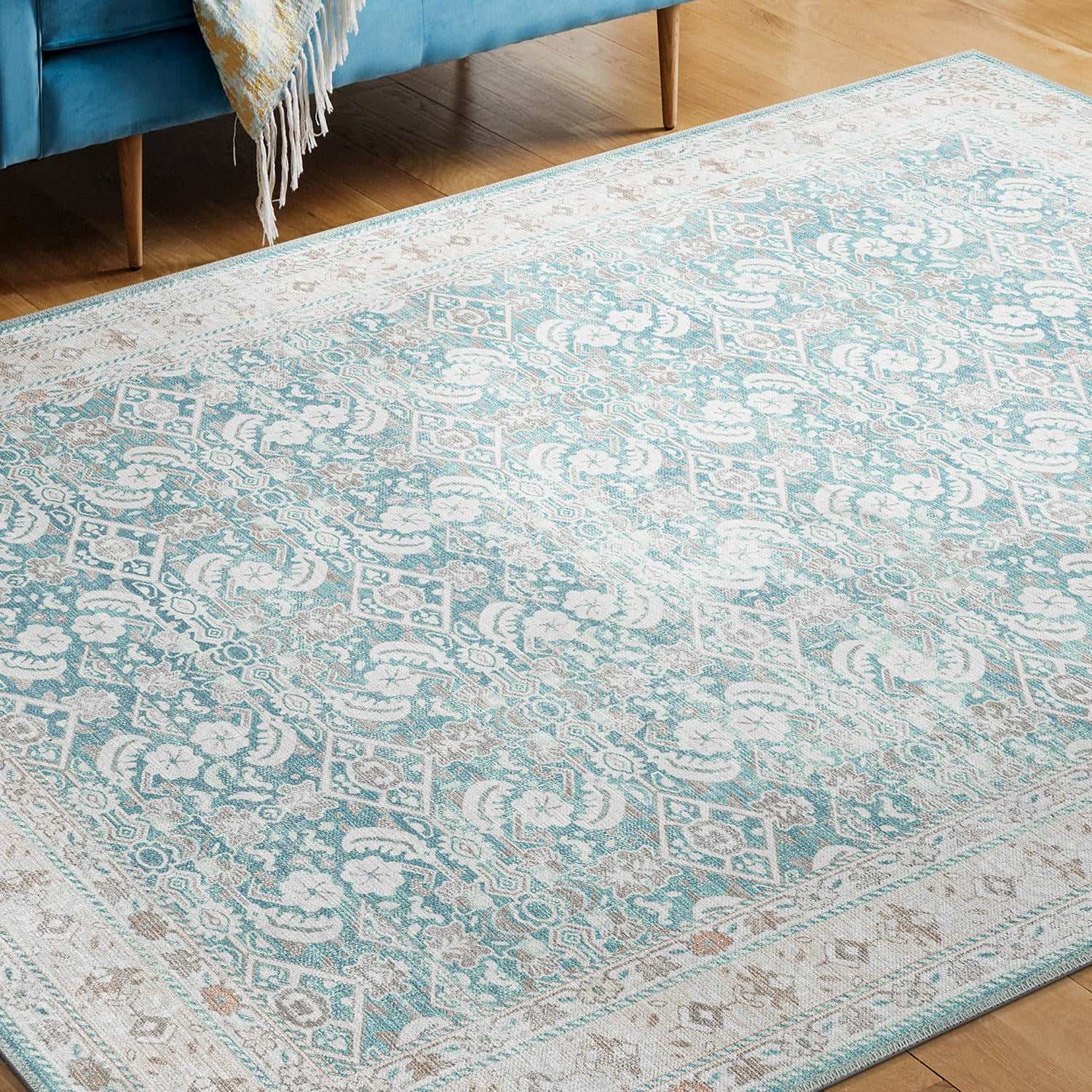 Rain Persian Teal Distressed Vintage Non-Slip Indoor Area Rug / 5'x7 - Ornate Home