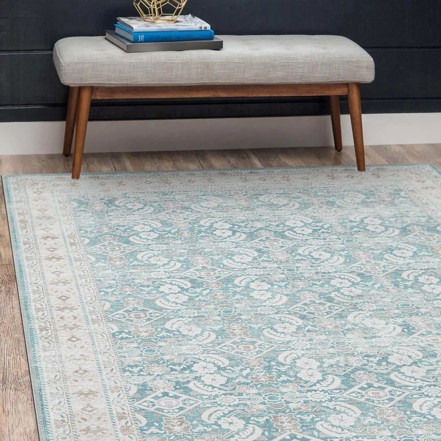 Rain Persian Teal Distressed Vintage Non-Slip Indoor Area Rug / 5'x7 - Ornate Home