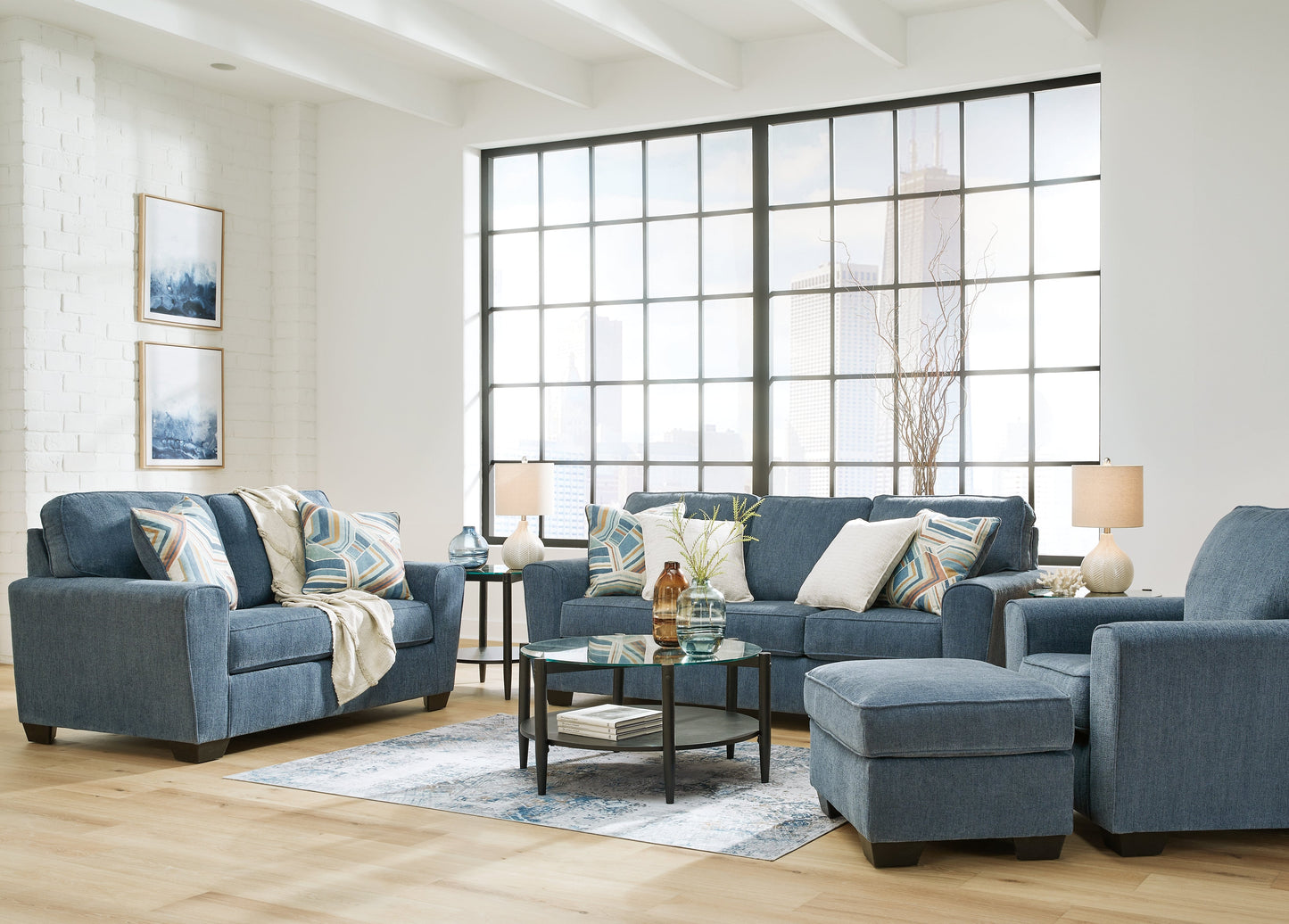 Cashton Blue Sofa, Loveseat, Chair and Ottoman