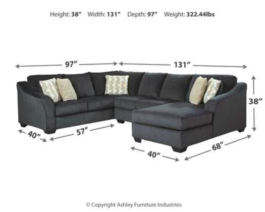 Eltmann Slate 3pc Sectional Sofa w/ RAF Chaise