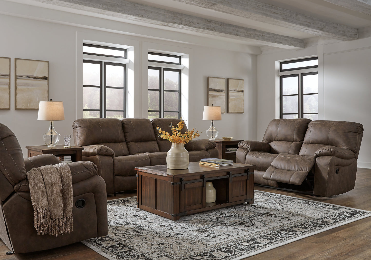 Kilmartin Brown Reclining Sofa, Loveseat and Recliner