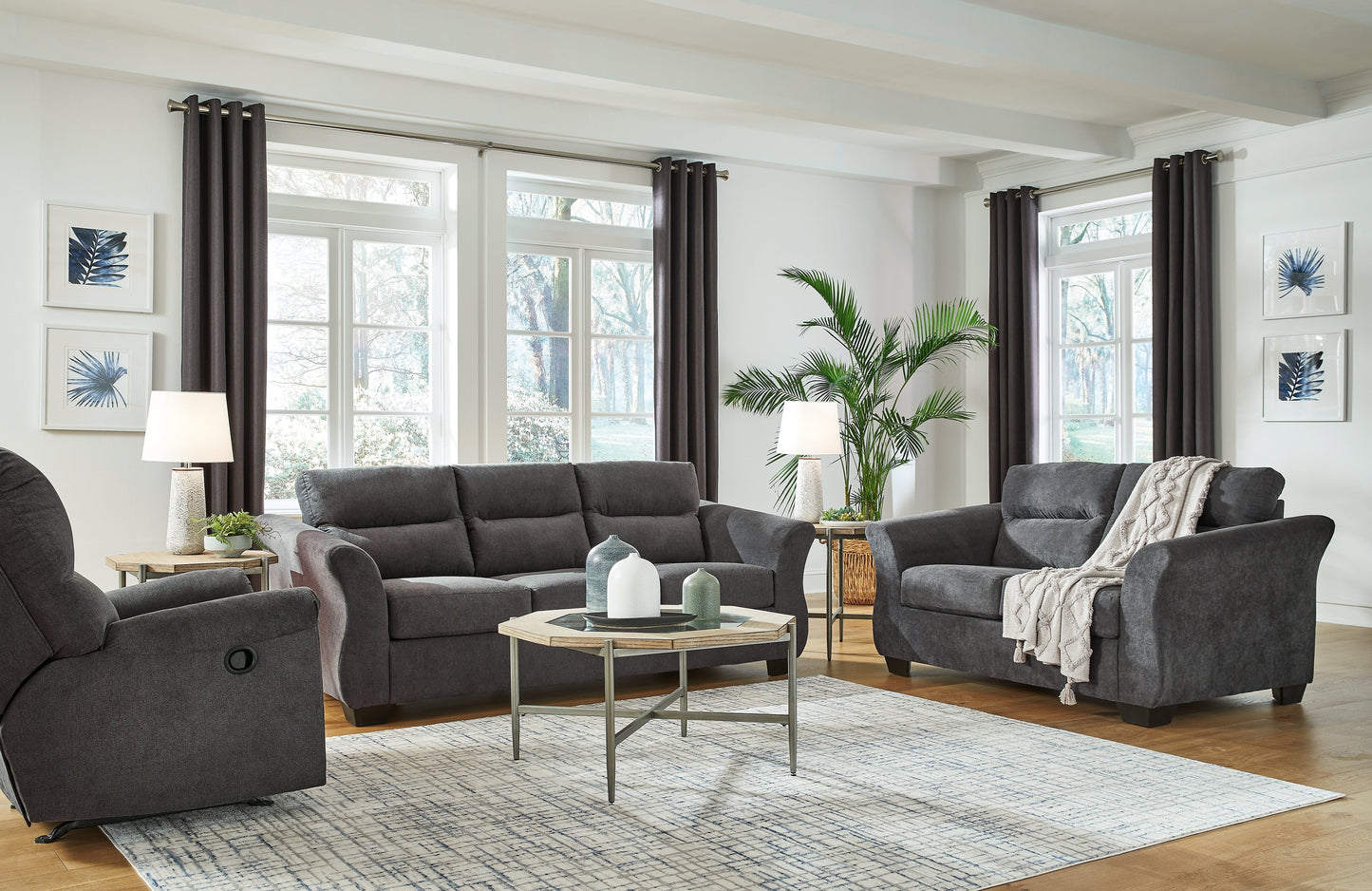 Miravel Gunmetal Sofa, Loveseat and Recliner