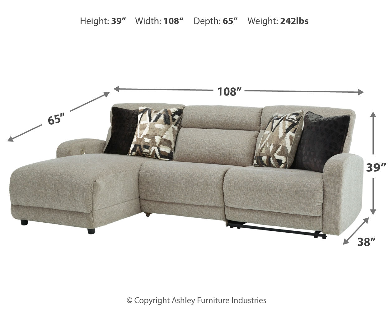 Colleyville Stone 3-Piece Power Reclining Sectional with Chaise