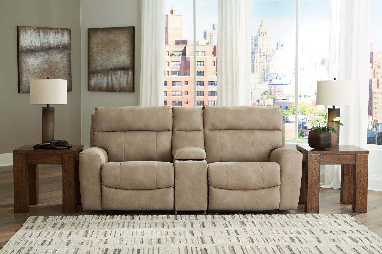 Next-Gen DuraPella Sand 3-Piece Power Reclining Sectional Loveseat with Console