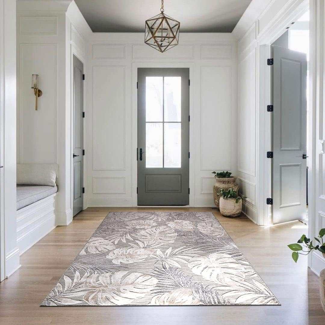 Spring Beige Leaf Tropical Botanical Non-Shedding Indoor/Outdoor Area Rugs - Ornate Home