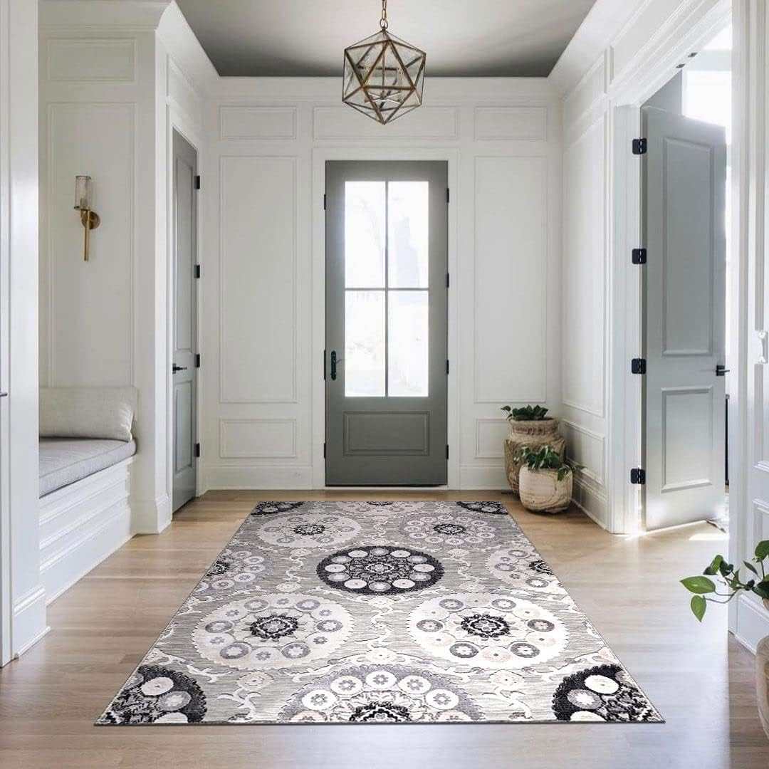 Spring Gray Bohemian Medallion Floral Non-Shedding Indoor/Outdoor Area Rugs - Ornate Home