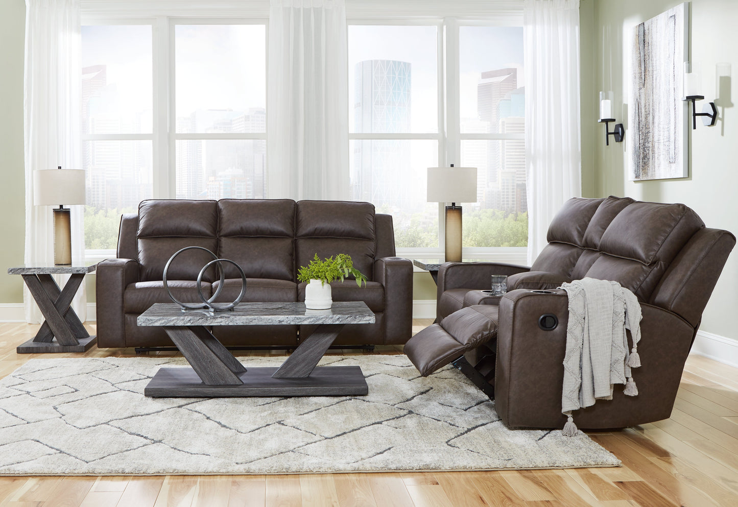 Lavenhorne Umber Reclining Sofa and Loveseat