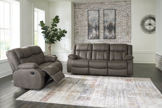 First Base Gunmetal Reclining Sofa and Loveseat