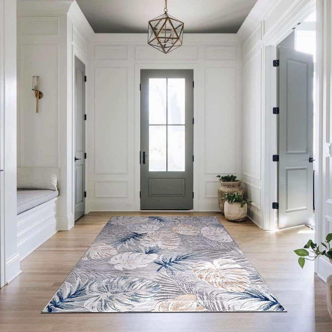 Spring Blue Leaf Tropical Botanical Non-Shedding Indoor/Outdoor Area Rugs - Ornate Home