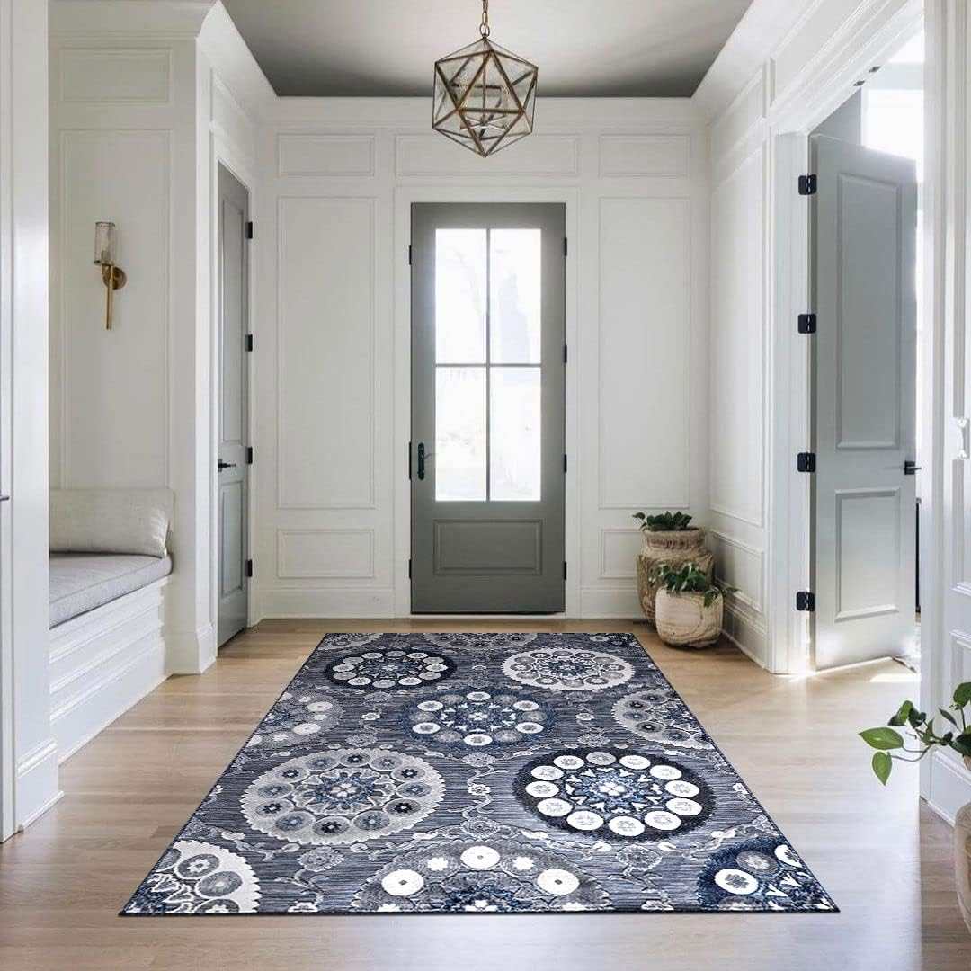 Spring Navy Color Bohemian Medallion Floral Non-Shedding Indoor/Outdoor Area Rugs - Ornate Home