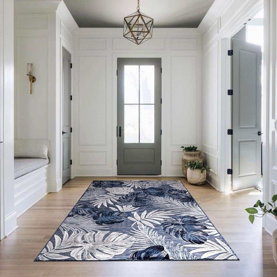 Spring Navy Leaf Tropical Botanical Non-Shedding Indoor/Outdoor Area Rugs - Ornate Home