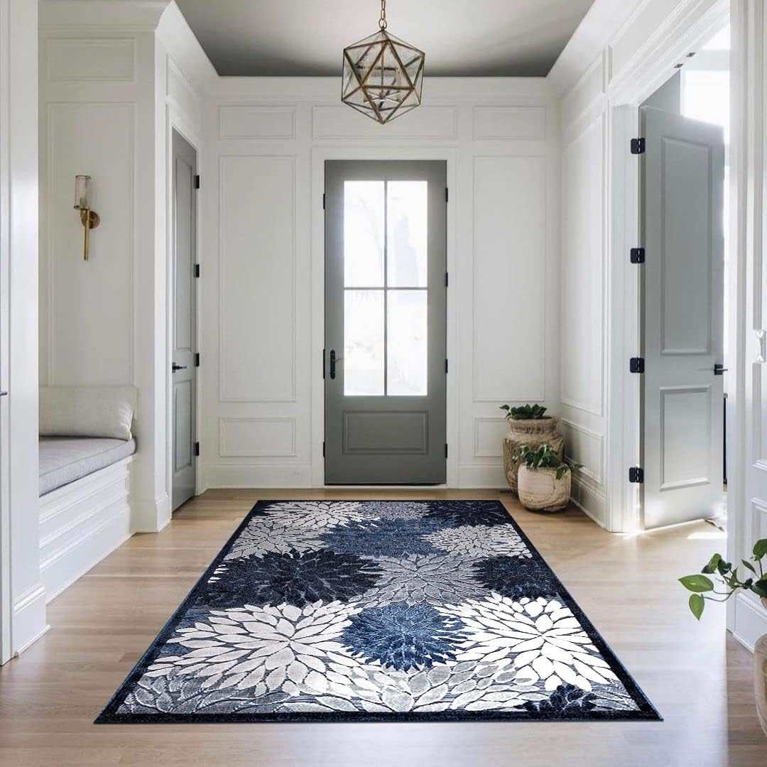 Spring Navy Floral Exotic Tropical Non-Shedding Indoor/Outdoor Area Rugs - Ornate Home