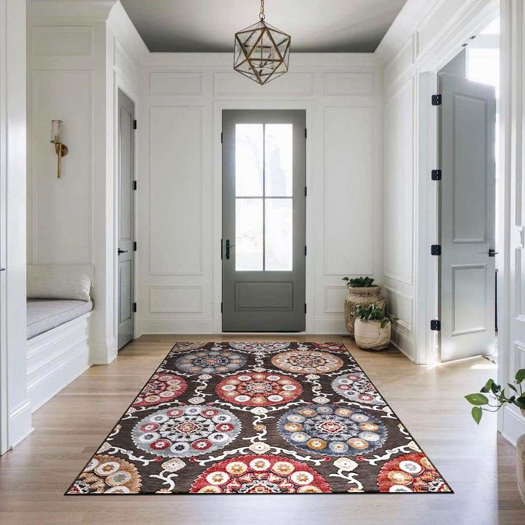 Spring Brown Bohemian Medallion Floral Non-Shedding Indoor/Outdoor Area Rugs - Ornate Home