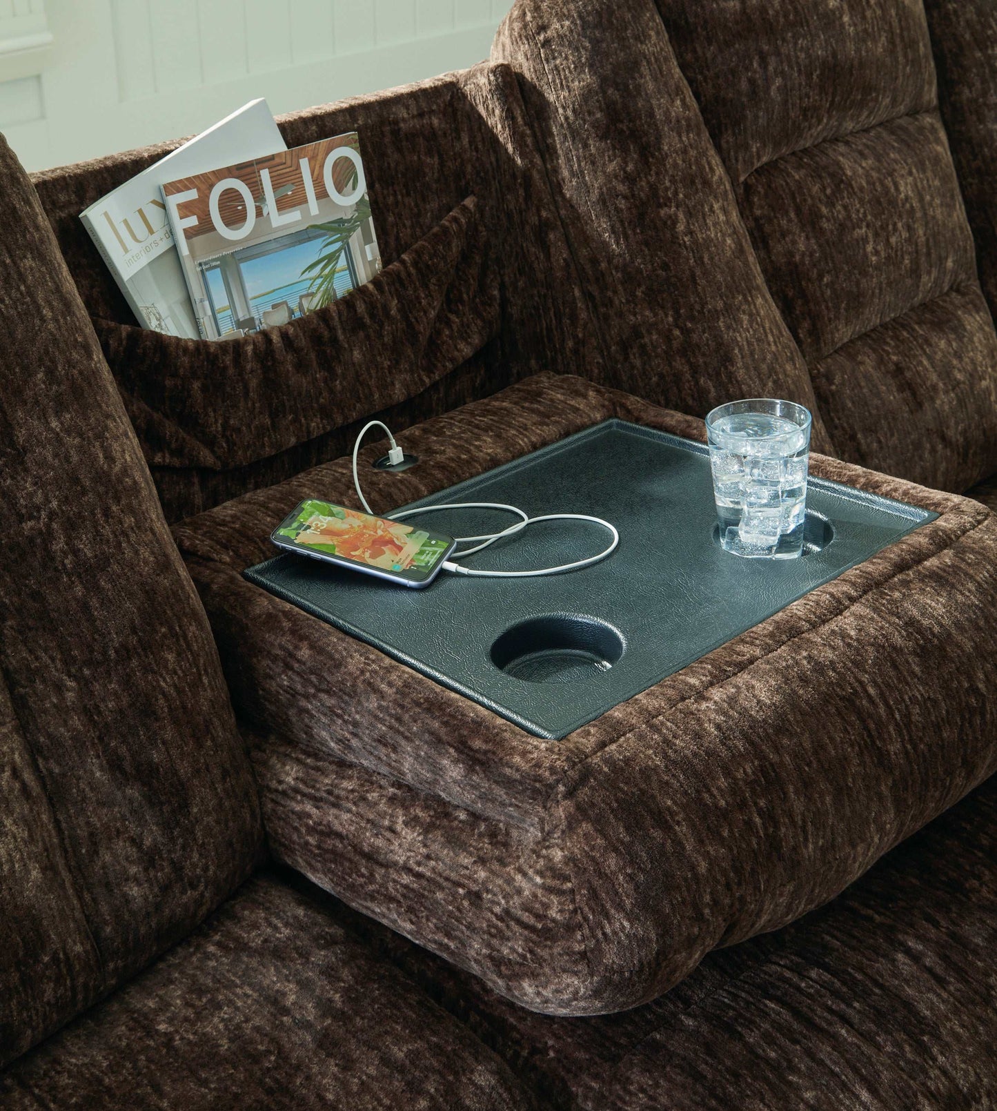 Soundwave Chocolate Manual Reclining Sofa w/ Drop Down Table