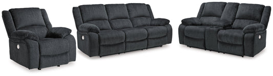 Draycoll Gray Power Reclining Sofa, Loveseat and Recliner