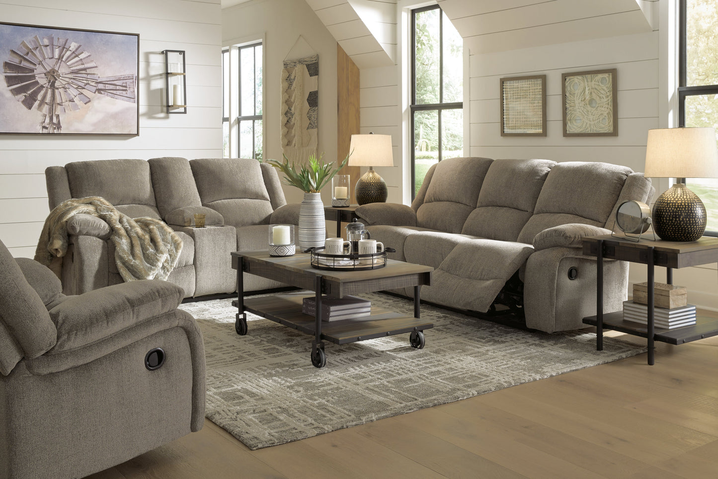 Draycoll Pewter Reclining Sofa, Loveseat and Recliner