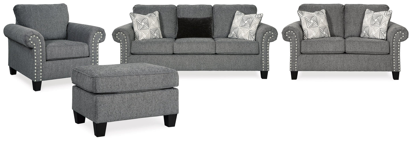 Agleno Charcoal Sofa, Loveseat, Chair and Ottoman