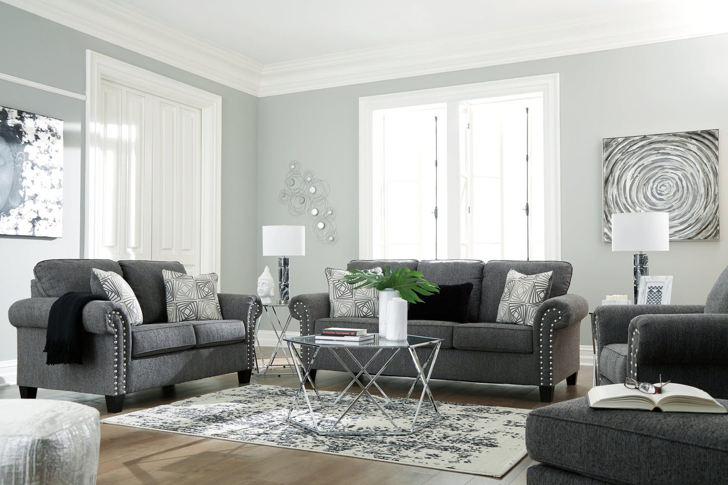 Agleno Charcoal Sofa, Loveseat, Chair and Ottoman