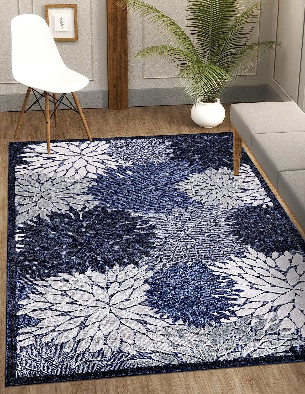 Spring Navy Floral Exotic Tropical Non-Shedding Indoor/Outdoor Area Rugs - Ornate Home