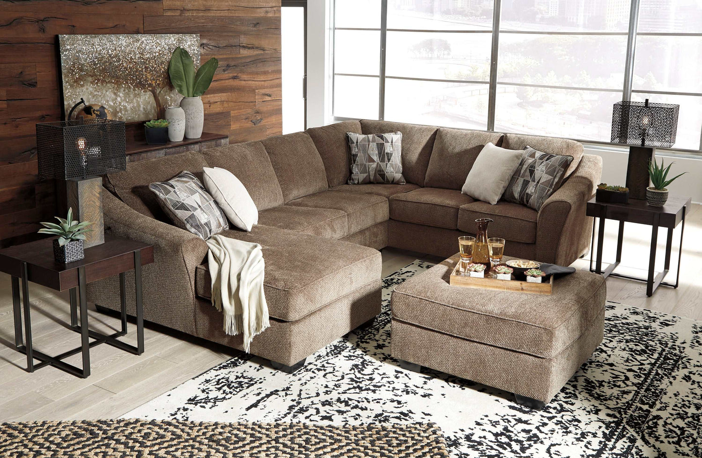 Graftin Teak Brown 3pc Sectional Sofa w/ Chaise