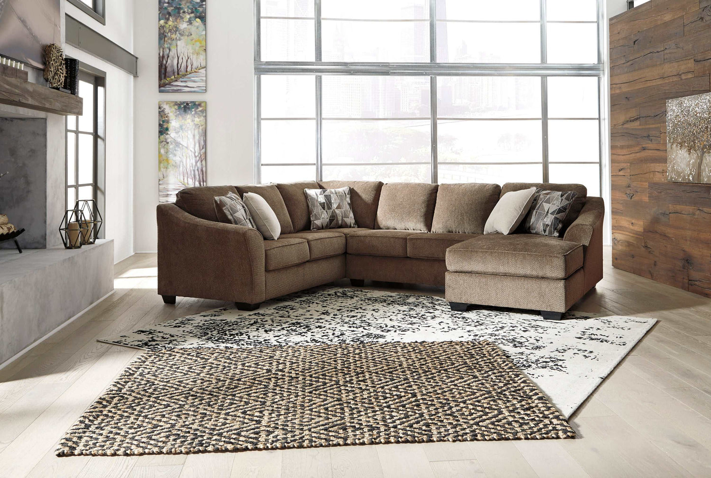 Graftin Teak Brown 3pc Sectional Sofa w/ Chaise