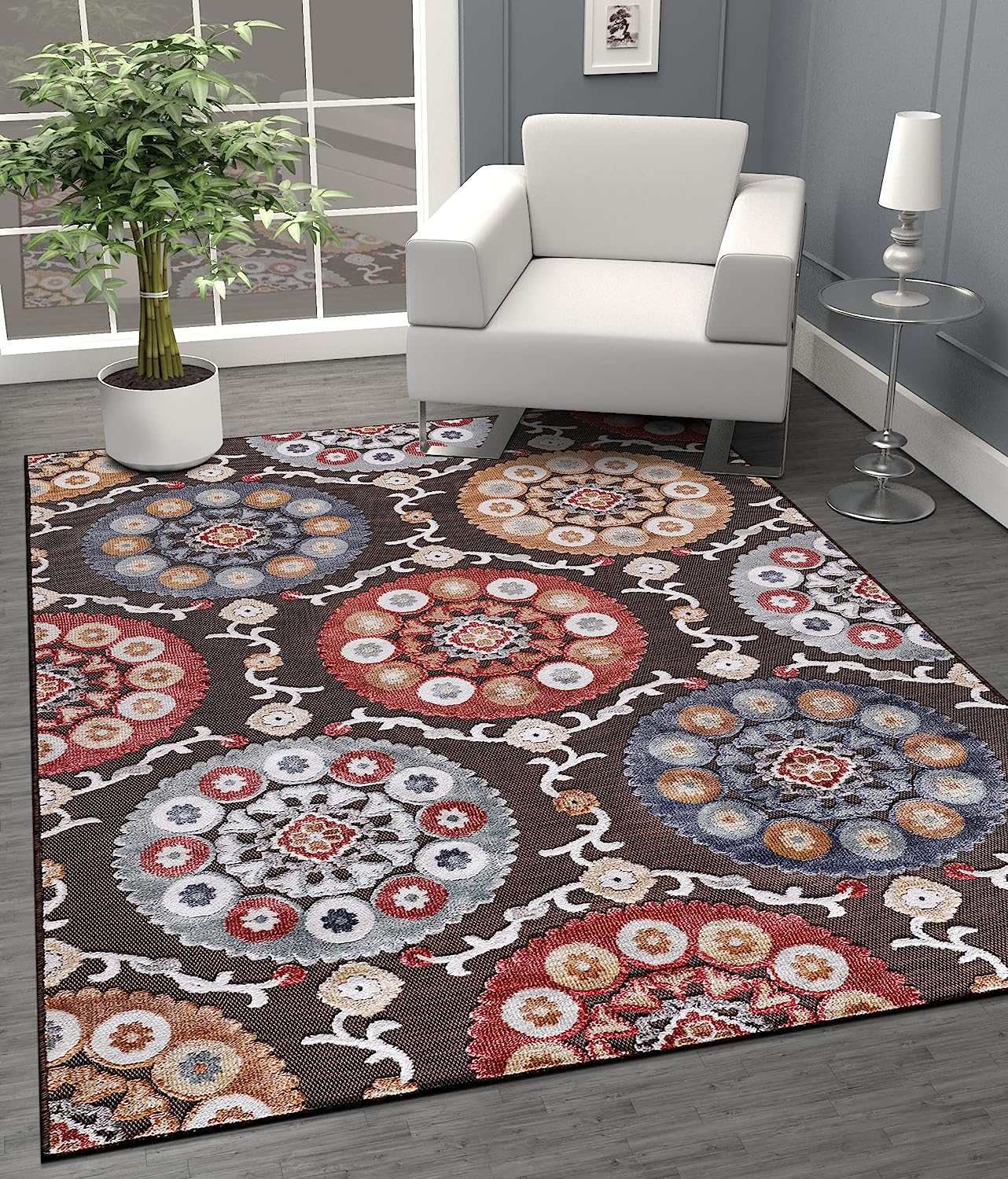 Spring Brown Bohemian Medallion Floral Non-Shedding Indoor/Outdoor Area Rugs - Ornate Home