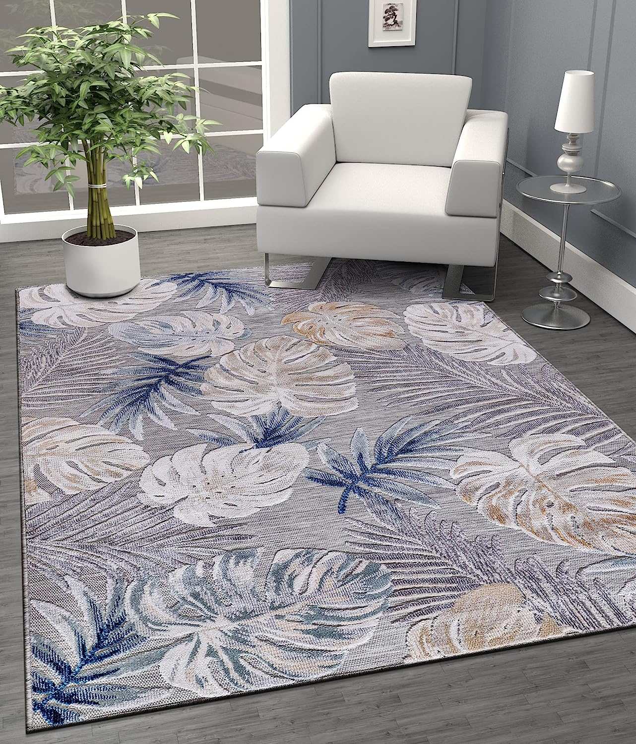 Spring Blue Leaf Tropical Botanical Non-Shedding Indoor/Outdoor Area Rugs - Ornate Home