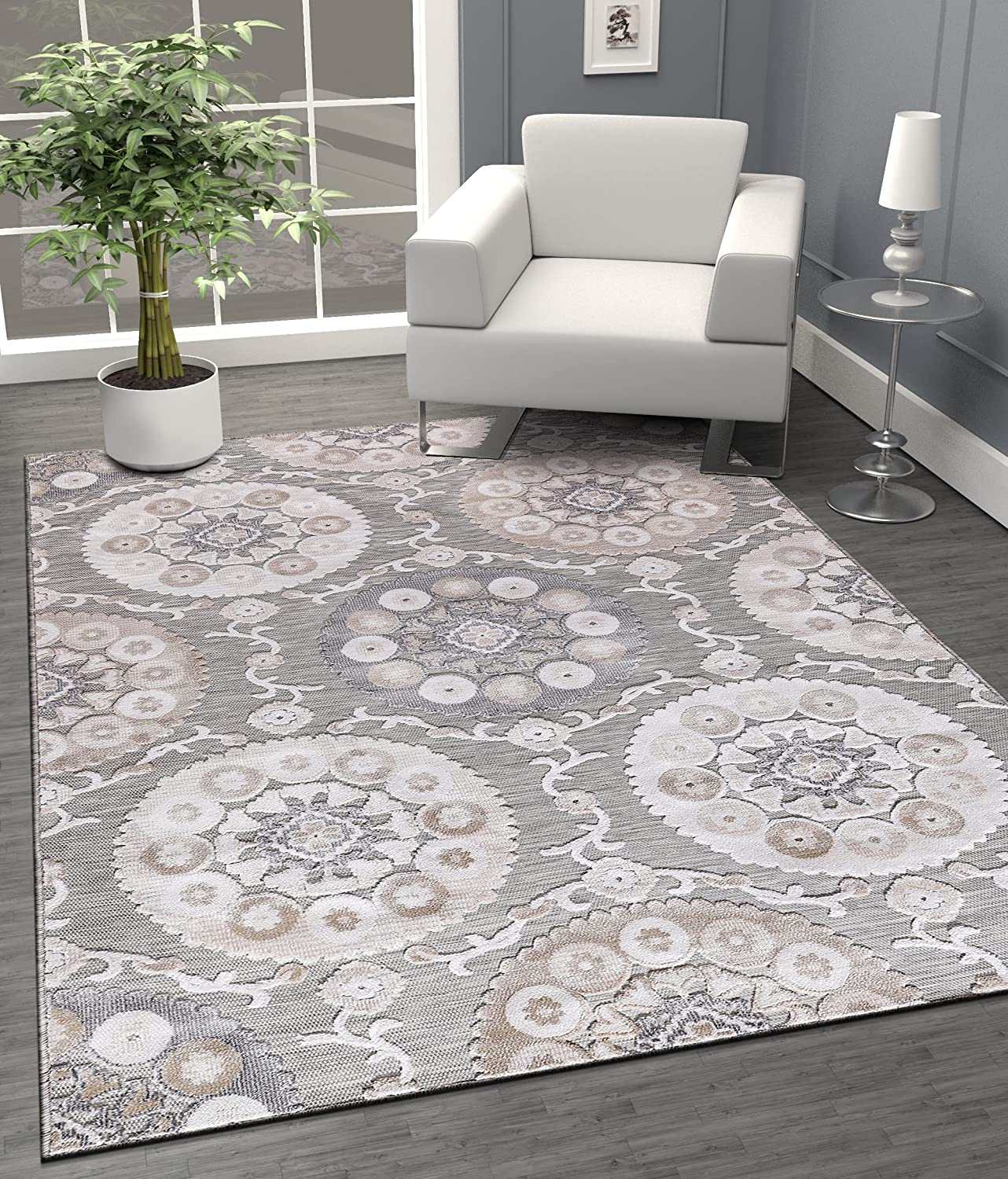 Spring Beige Bohemian Medallion Floral Non-Shedding Indoor/Outdoor Area Rugs - Ornate Home