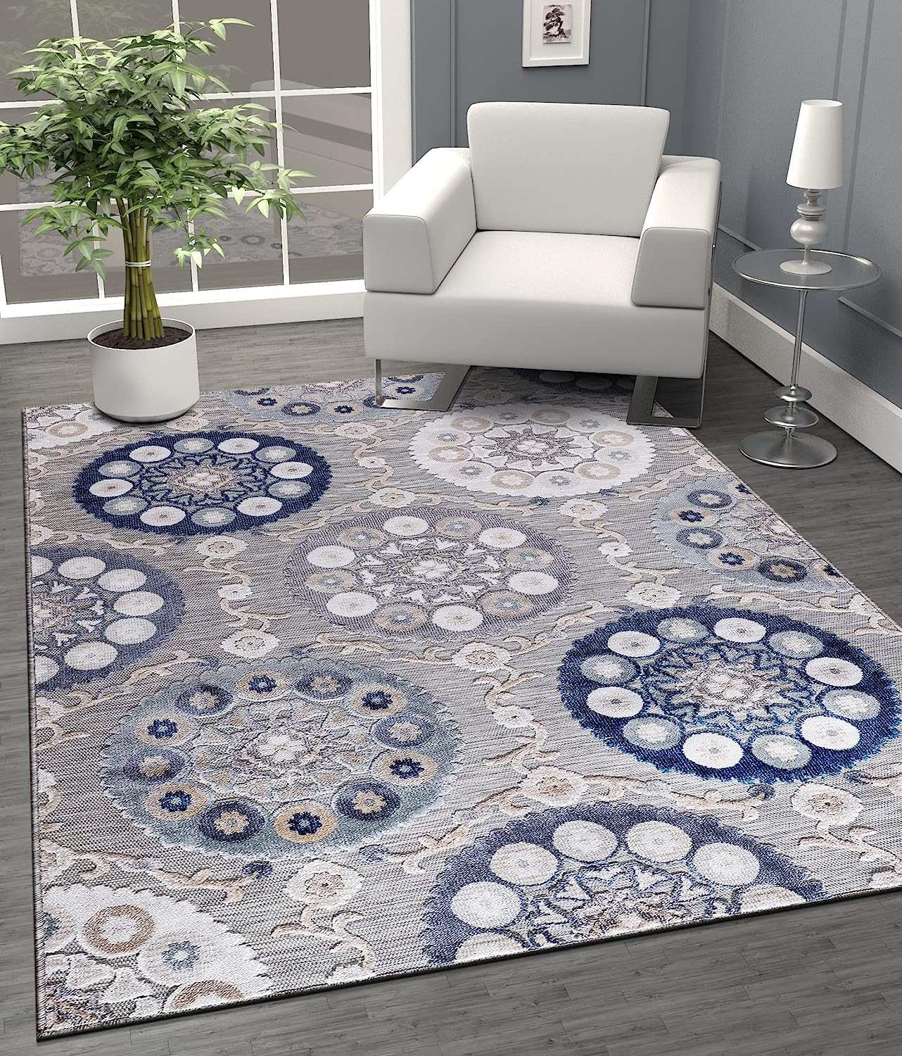 Spring Blue Bohemian Medallion Floral Non-Shedding Indoor/Outdoor Area Rugs - Ornate Home