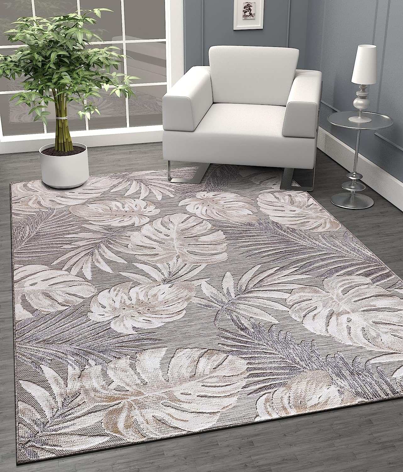 Spring Beige Leaf Tropical Botanical Non-Shedding Indoor/Outdoor Area Rugs - Ornate Home