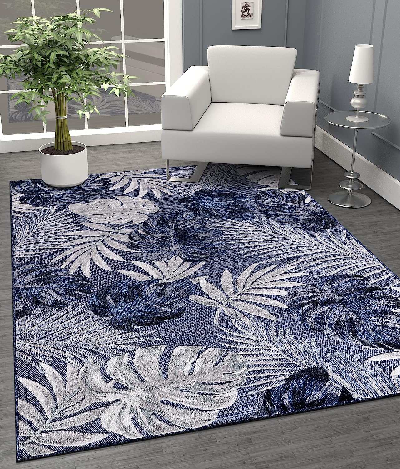 Spring Navy Leaf Tropical Botanical Non-Shedding Indoor/Outdoor Area Rugs - Ornate Home