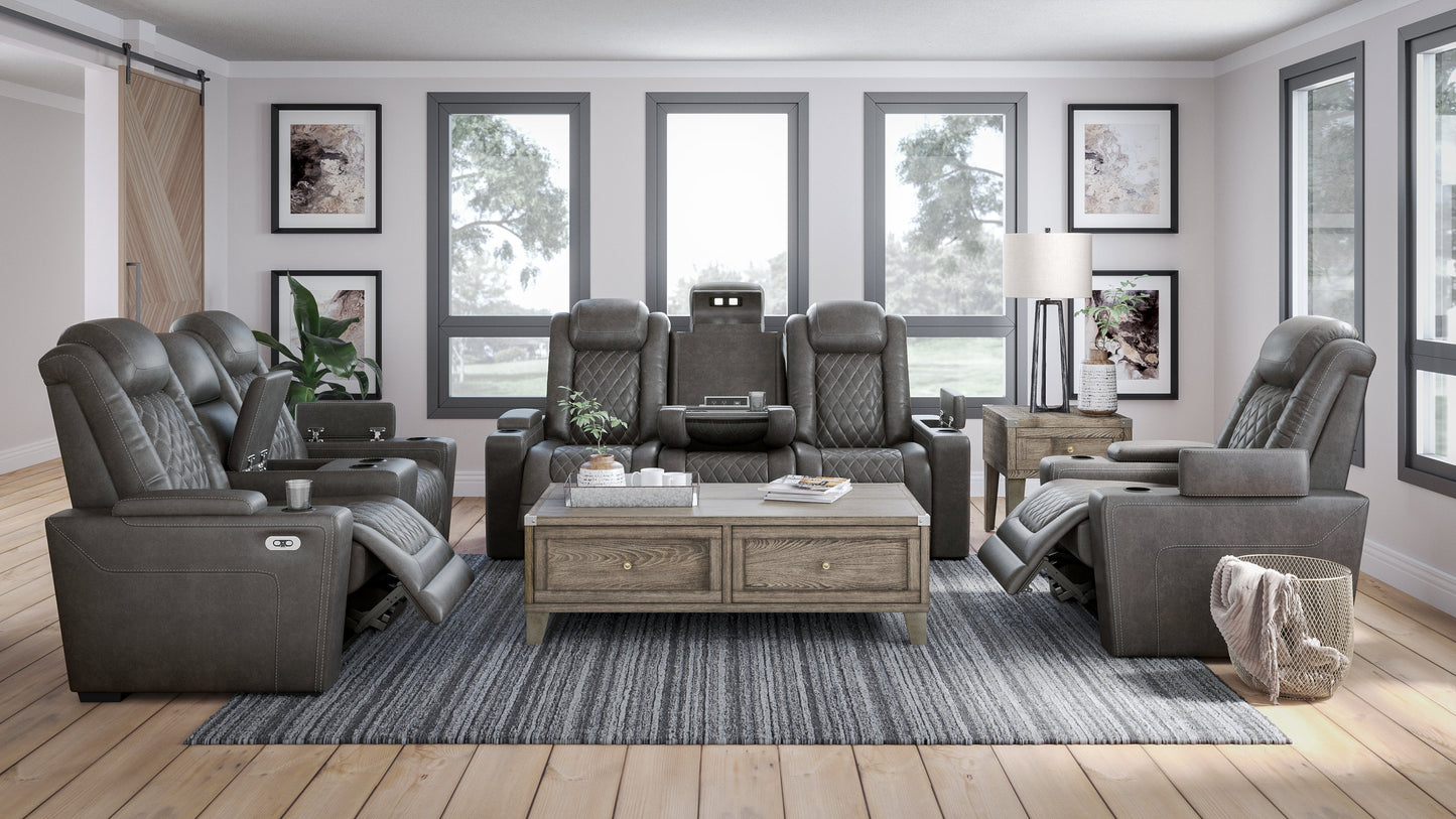 HyllMont Gray Power Reclining Sofa, Loveseat and Recliner