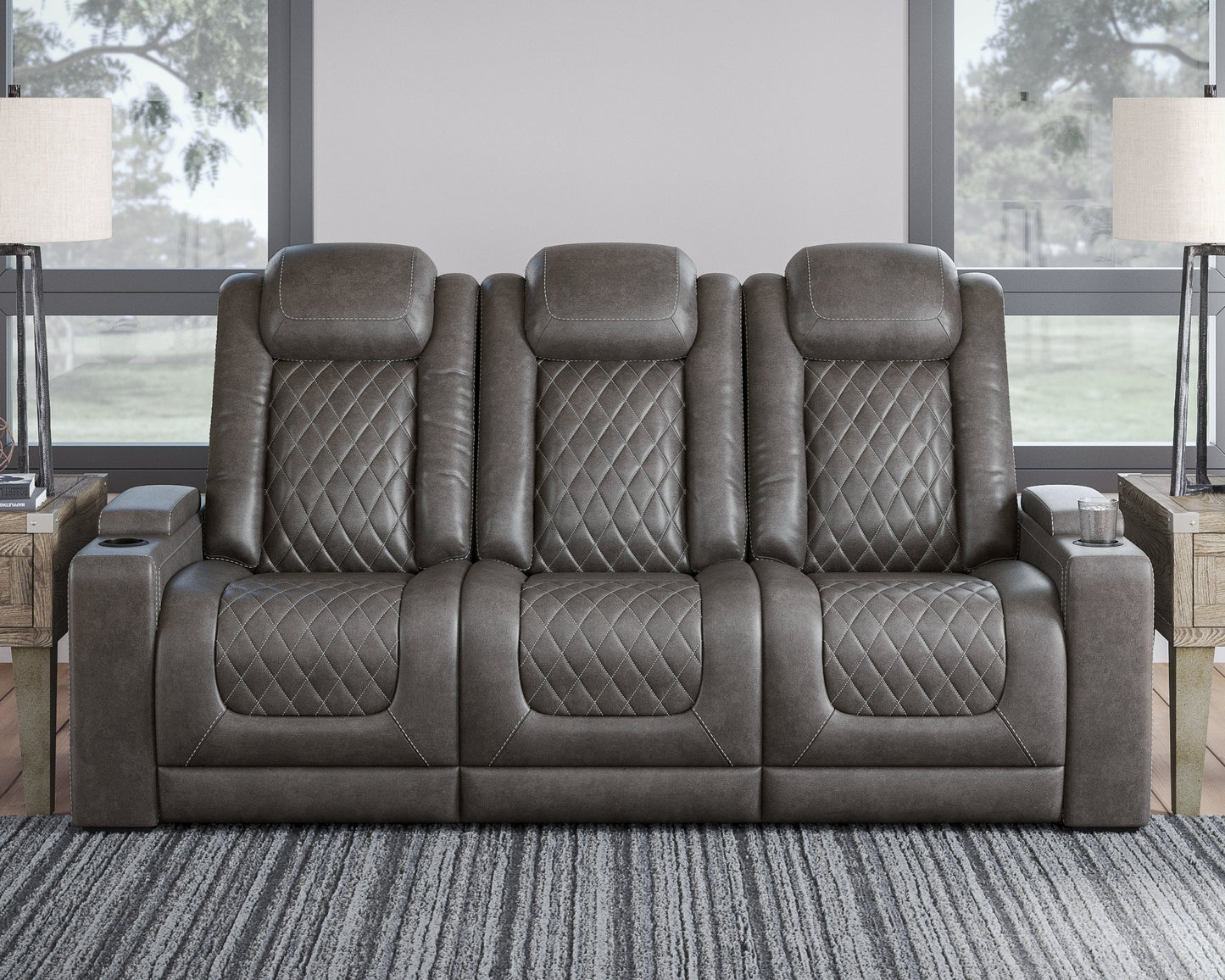 HyllMont Gray Power Reclining Sofa, Loveseat and Recliner