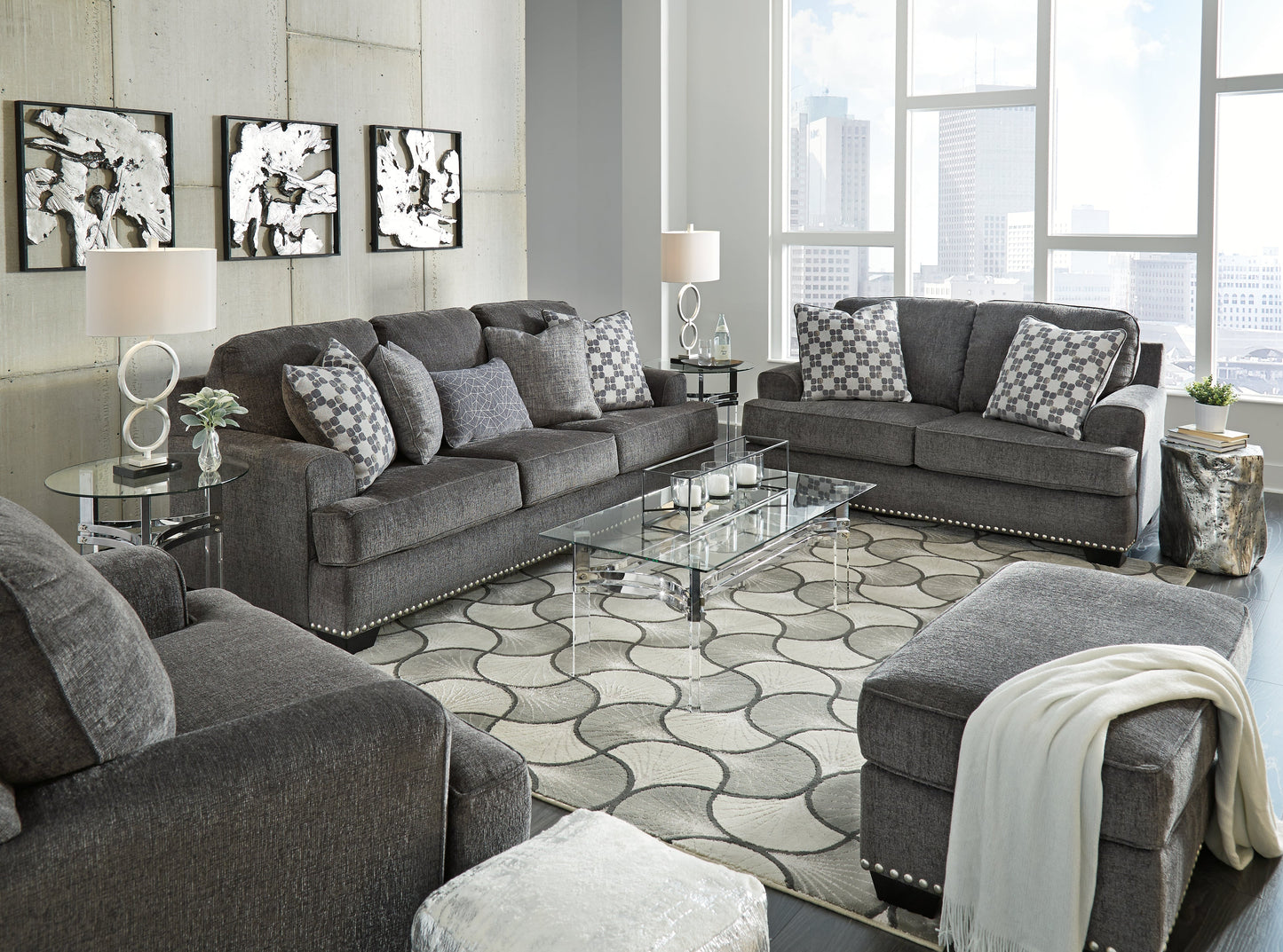 Locklin Dark Gray Sofa, Loveseat, Chair, and Ottoman