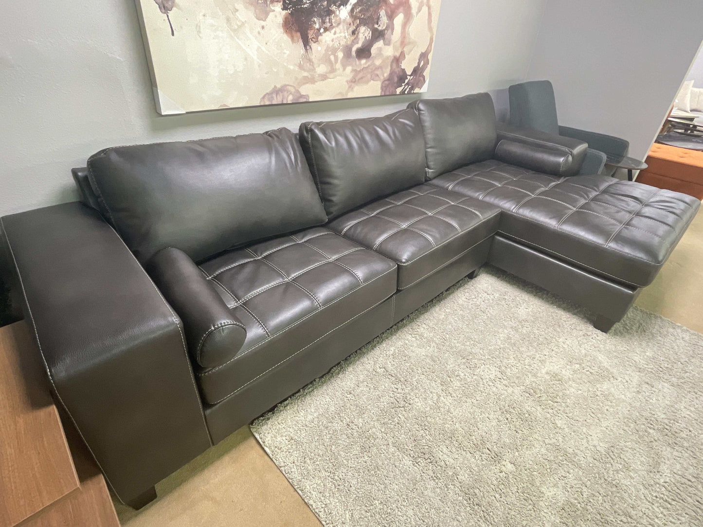 Nokomis Charcoal Faux Leather L Shape 2pc Sectional w/ Chaise