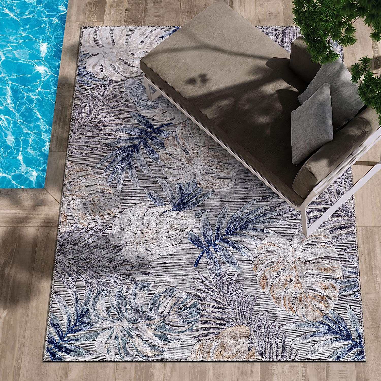 Spring Blue Leaf Tropical Botanical Non-Shedding Indoor/Outdoor Area Rugs - Ornate Home