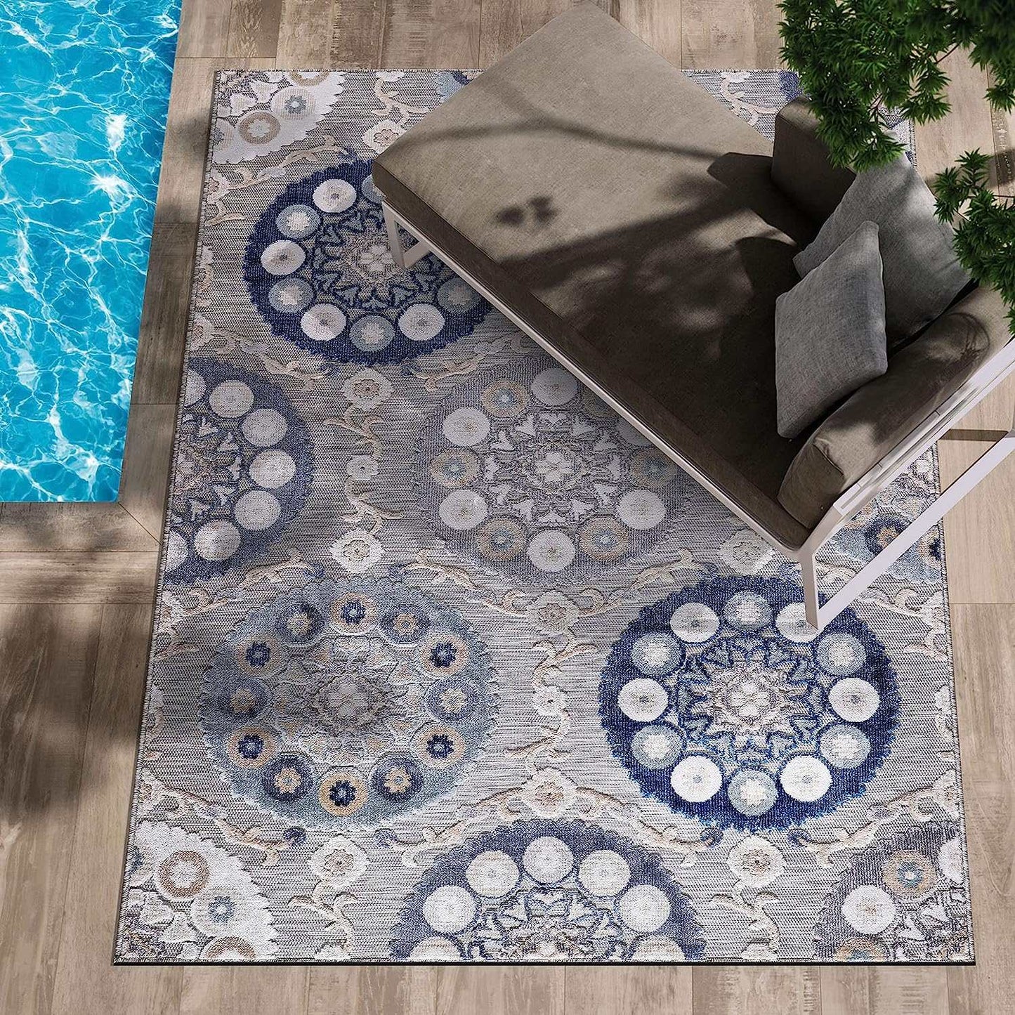 Spring Blue Bohemian Medallion Floral Non-Shedding Indoor/Outdoor Area Rugs - Ornate Home