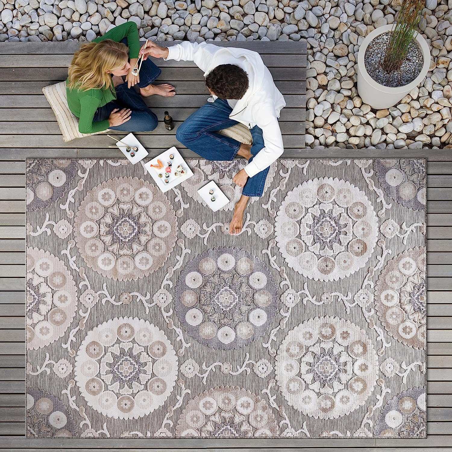 Spring Beige Bohemian Medallion Floral Non-Shedding Indoor/Outdoor Area Rugs - Ornate Home