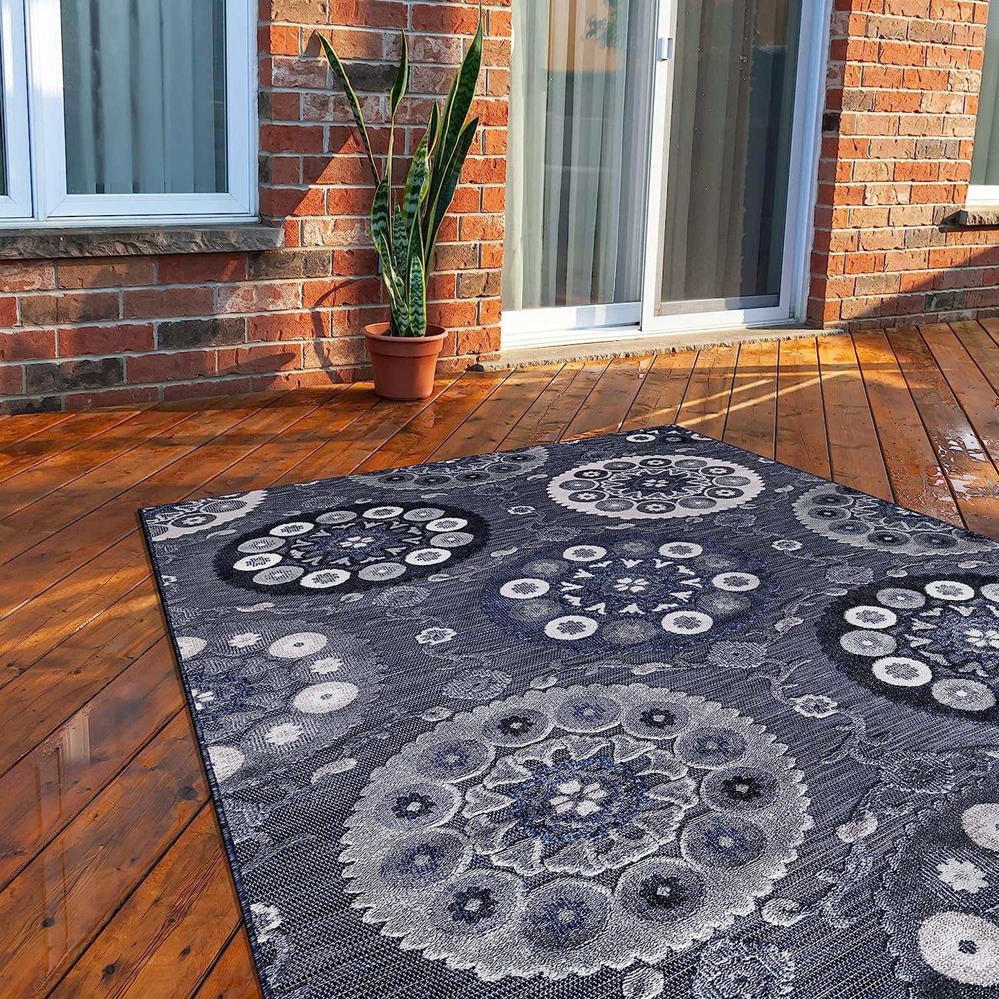 Spring Navy Color Bohemian Medallion Floral Non-Shedding Indoor/Outdoor Area Rugs - Ornate Home