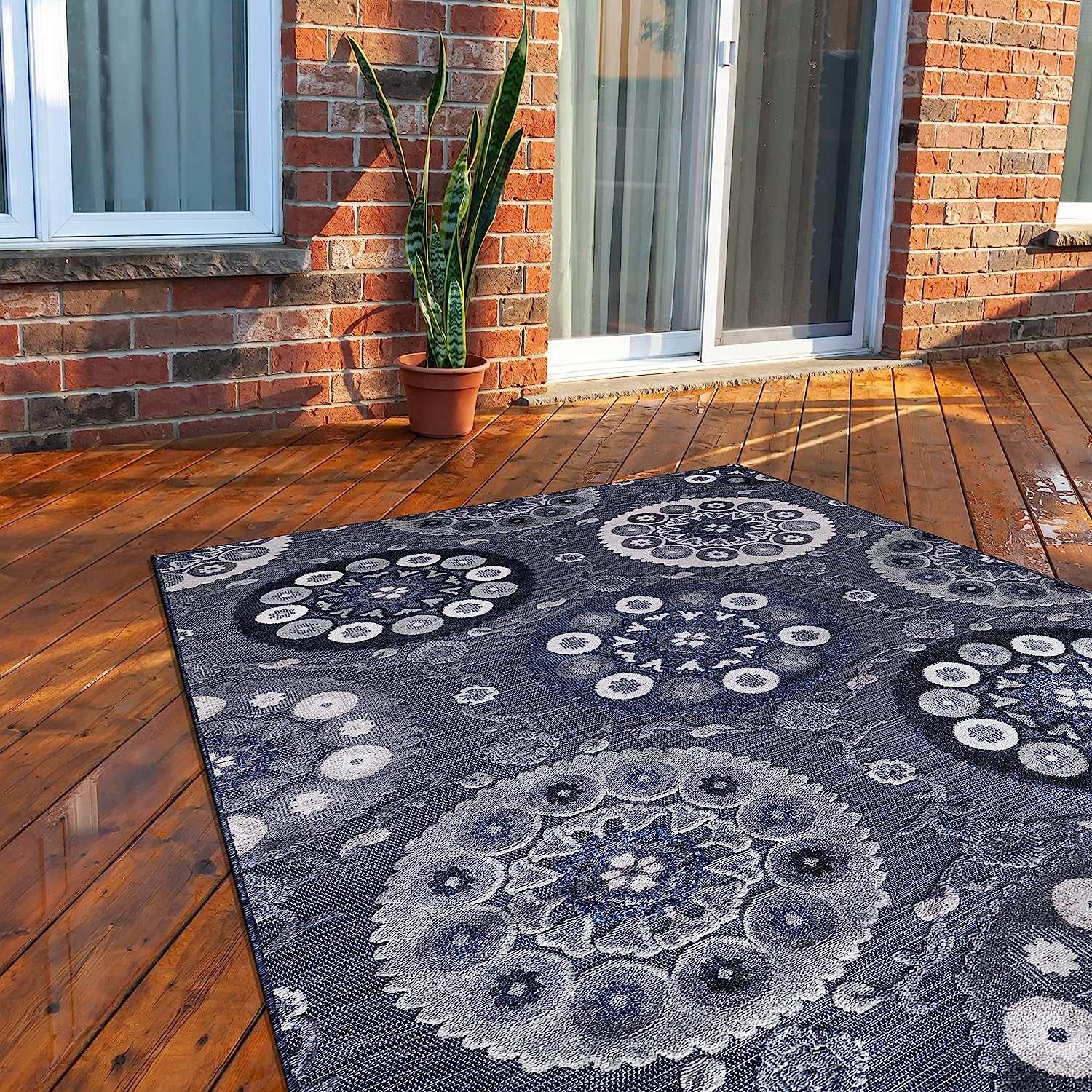 Spring Navy Color Bohemian Medallion Floral Non-Shedding Indoor/Outdoor Area Rugs - Ornate Home