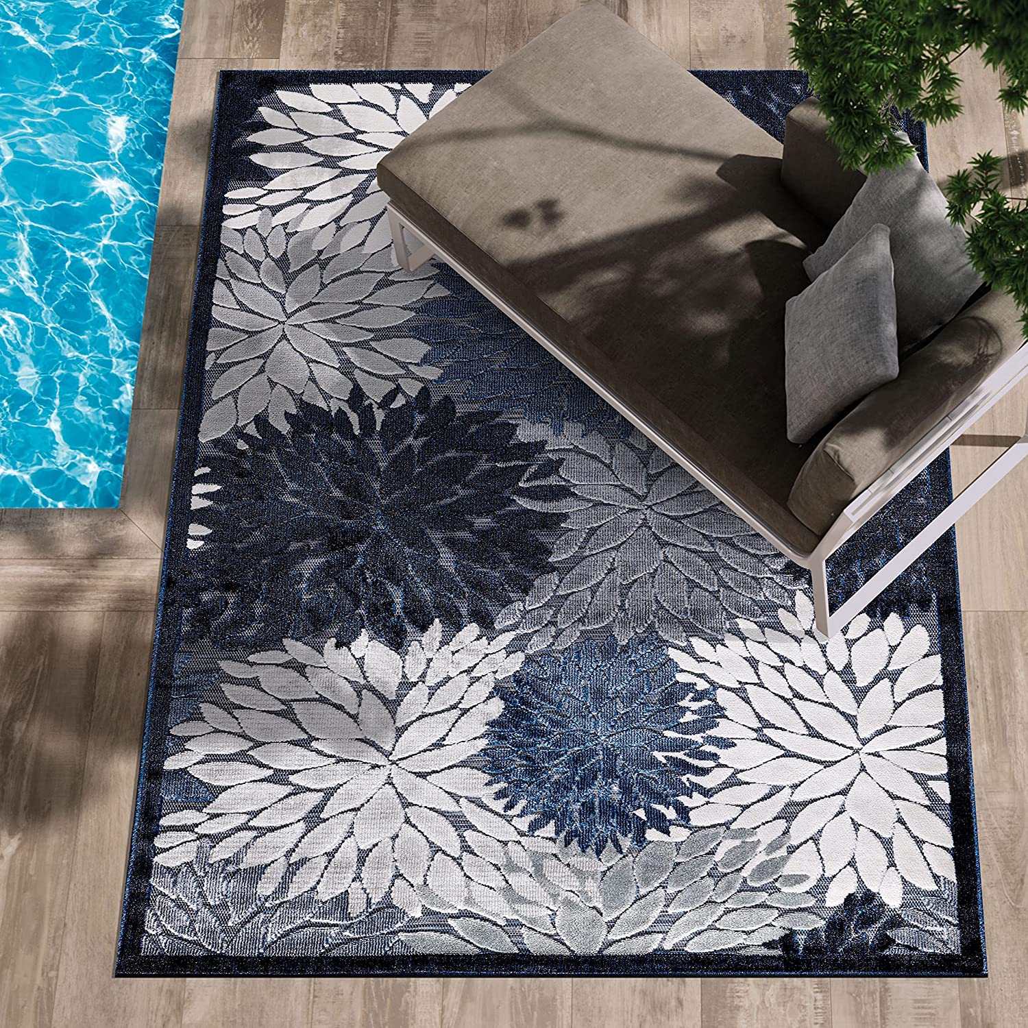 Spring Navy Floral Exotic Tropical Non-Shedding Indoor/Outdoor Area Rugs - Ornate Home