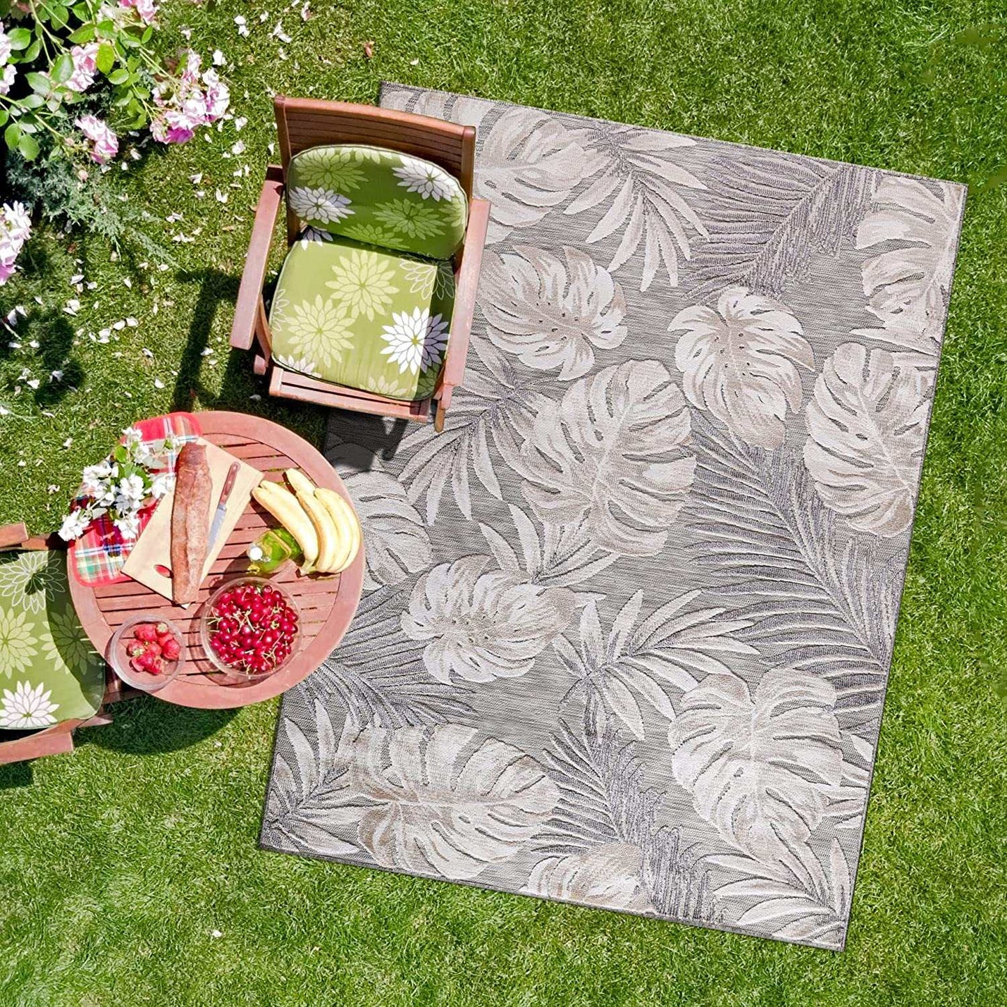 Spring Beige Leaf Tropical Botanical Non-Shedding Indoor/Outdoor Area Rugs - Ornate Home