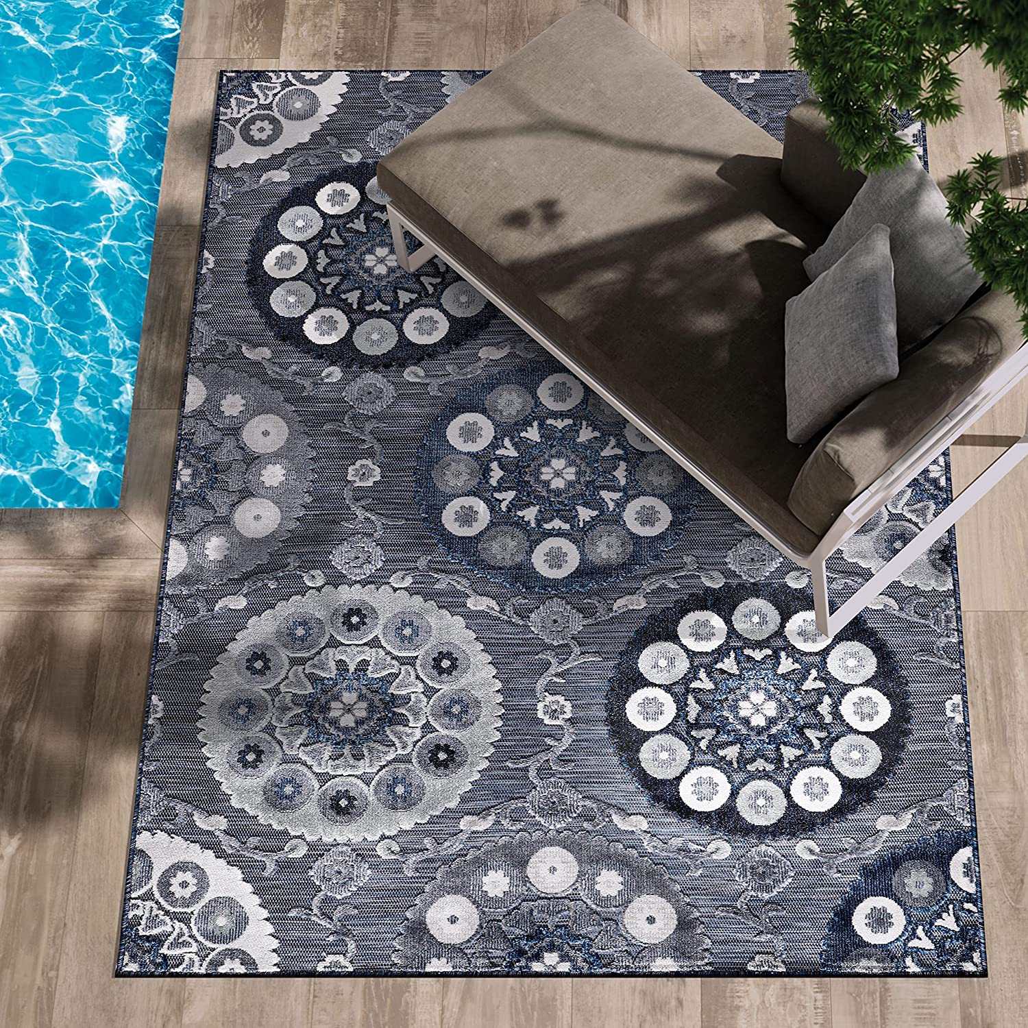 Spring Navy Color Bohemian Medallion Floral Non-Shedding Indoor/Outdoor Area Rugs - Ornate Home