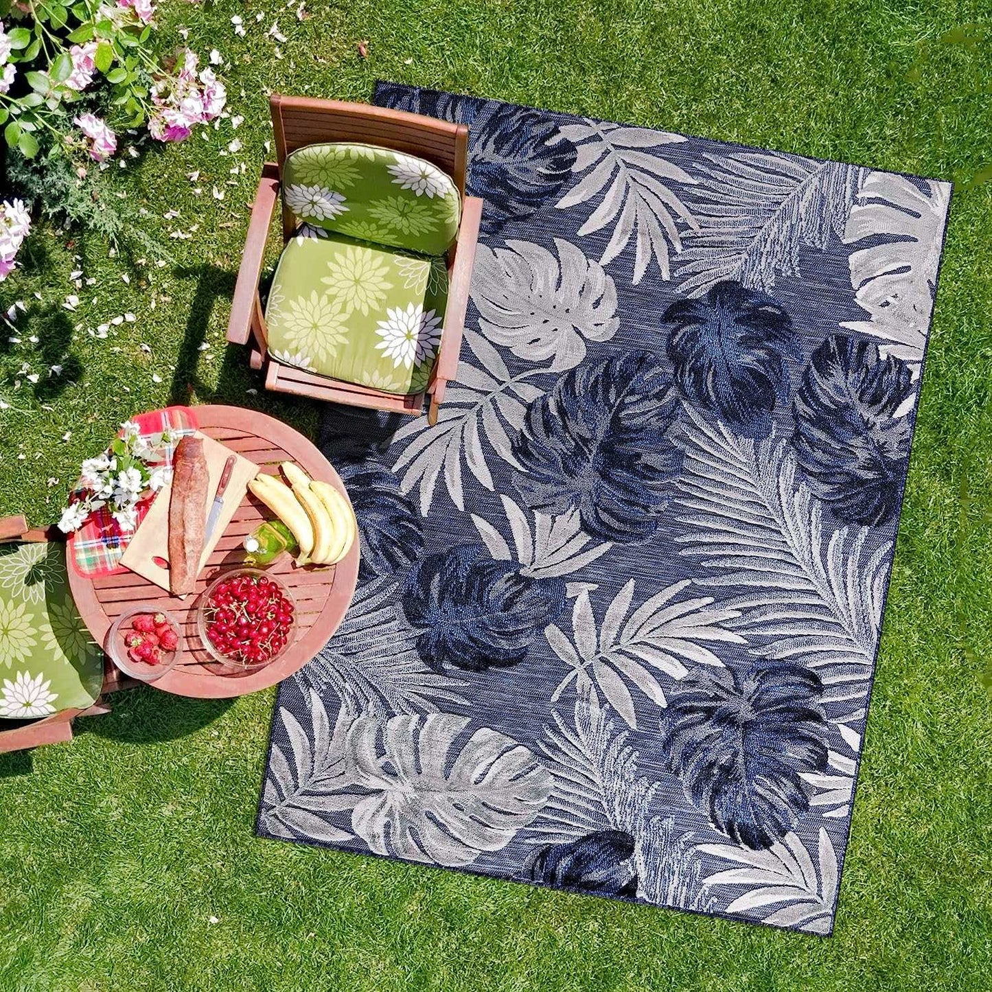 Spring Navy Leaf Tropical Botanical Non-Shedding Indoor/Outdoor Area Rugs - Ornate Home